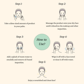 How to use the Cleansing balm? 1) Take a dime sized amount of product in your palm 2) massage the prodcut onto your dry face until it dissolves the makeup an dother impurities 3) add a splash of warm water to emulsify and remove oil-based impurities 4) wipe it off with a face towel or rinse it with water 5) enjoy a nourished and clean face